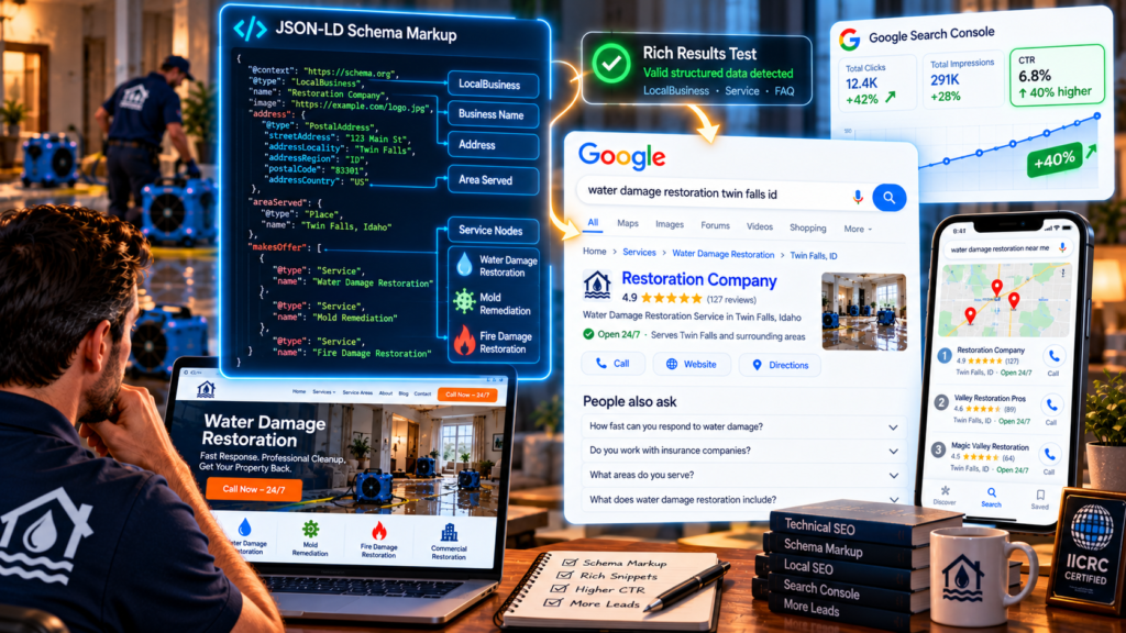 A laptop displaying a restoration website with a glowing JSON-LD schema panel showing LocalBusiness and Service properties for water damage, mold, and fire restoration, connected to a Google search result with rich snippet breadcrumbs and star ratings, alongside a Rich Results Test badge and a rising CTR graph, illustrating schema markup for restoration companies.