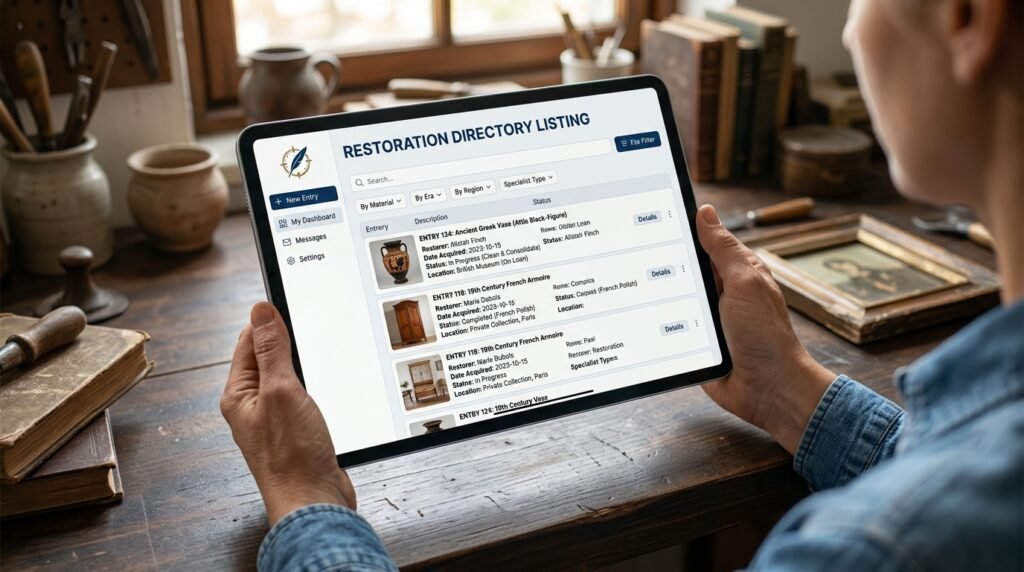 SEO specialist reviewing restoration directory listing dashboard on tablet
