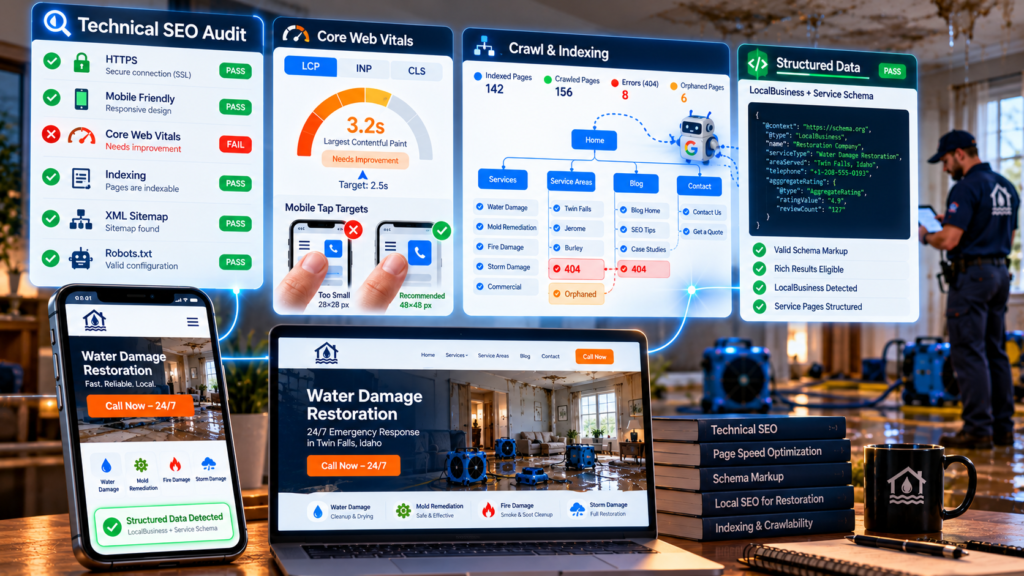 A technical SEO audit dashboard showing a pass/fail checklist for HTTPS and Core Web Vitals, an LCP gauge at 3.2 seconds, a crawl map with broken links, and a structured data badge on a restoration website displayed on mobile and desktop, illustrating a technical SEO audit for water damage restoration sites.