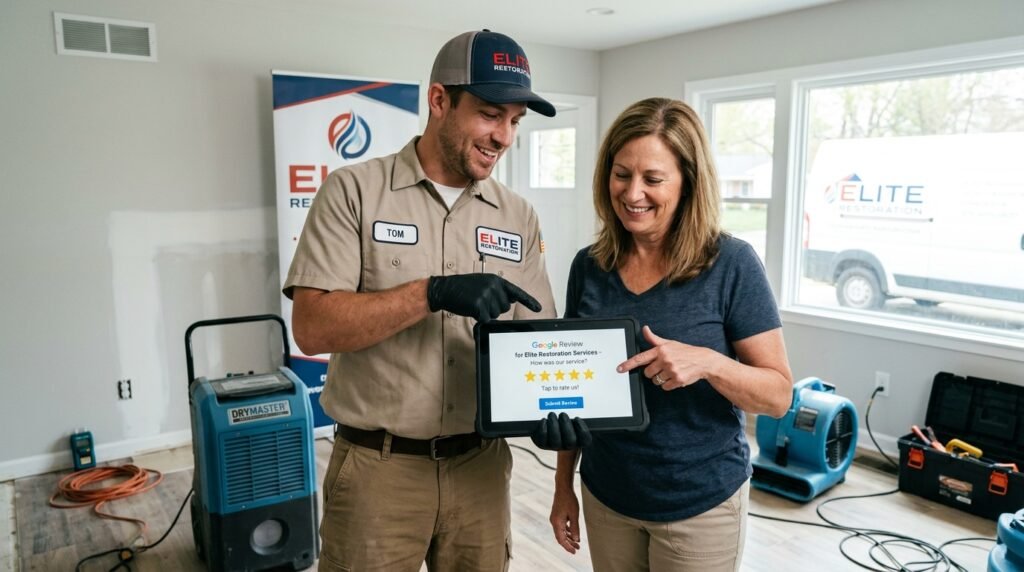 technician holding tablet with Google review prompt on jobsite