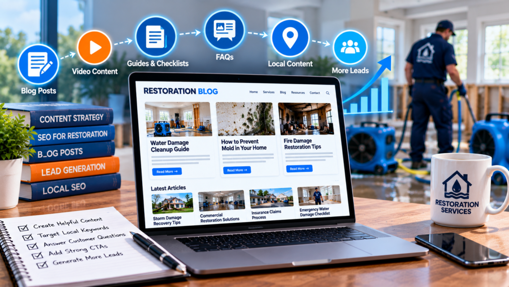 Content marketing for restoration companies, featuring a blog with water damage, mold prevention, and fire restoration articles, SEO content strategies, and lead generation. Copy alt text