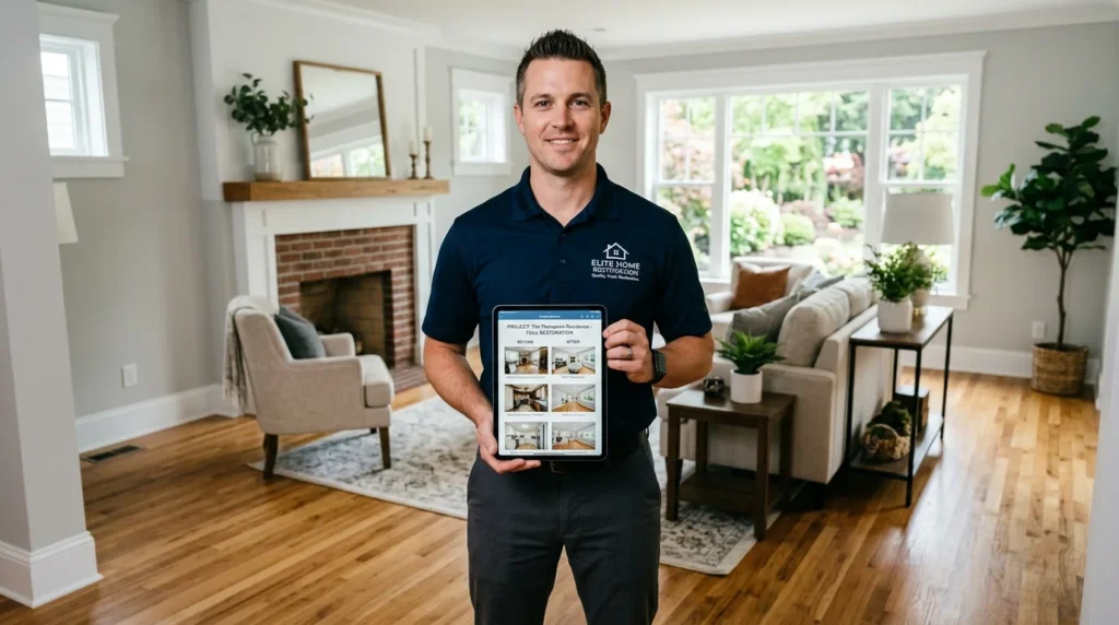 Case Study Creation for Restoration Companies – restoration professional reviewing completed case study on tablet in restored property