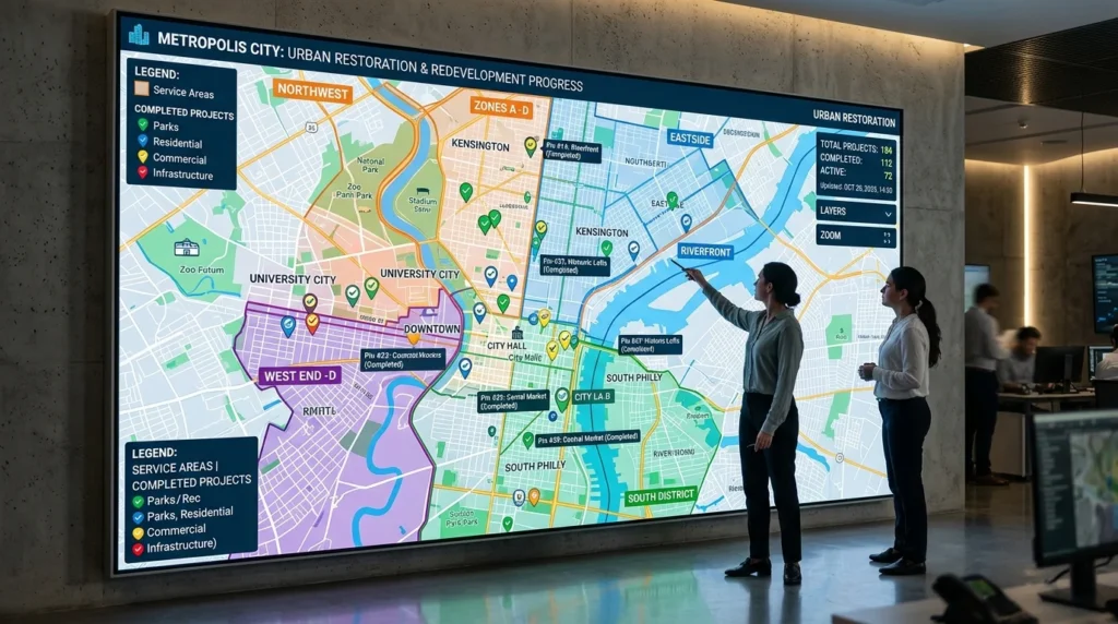 Local Content Ideas for Restoration Companies – restoration professional pointing at city map showing service areas and neighborhoods