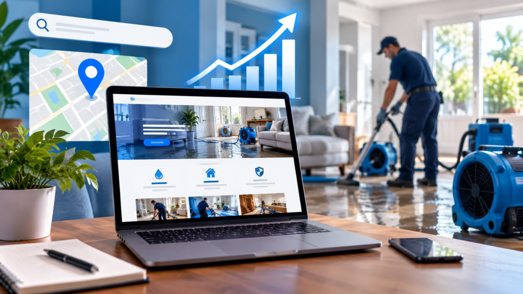 A restoration website on a laptop alongside water-damage drying equipment, a local map pin, and a rising SEO performance chart.