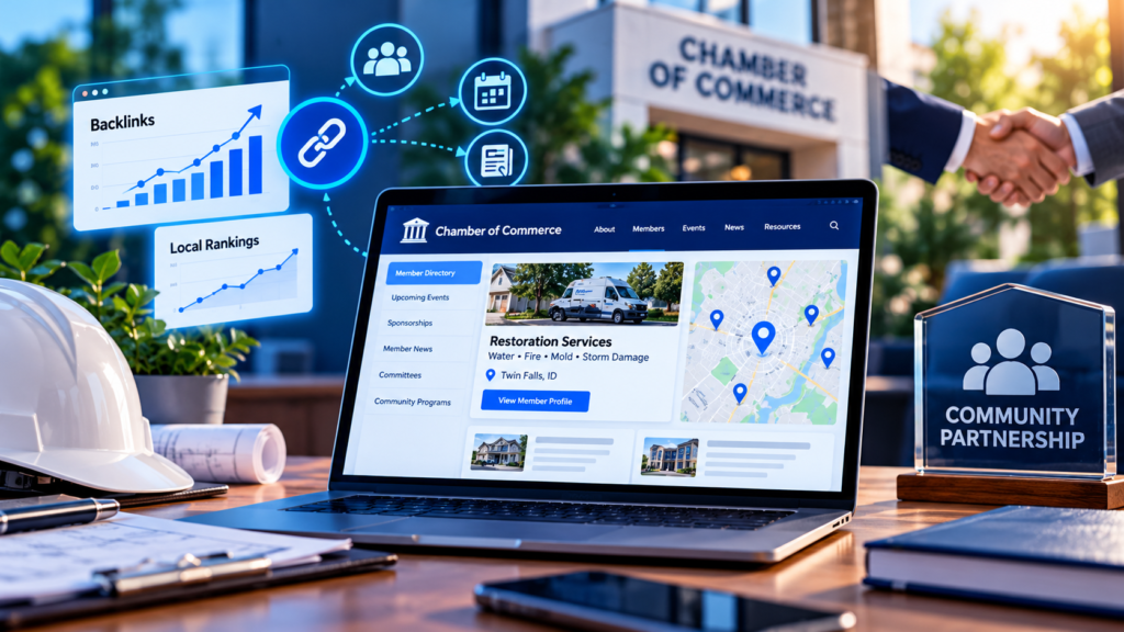 Backlinks from local chambers of commerce, showing a restoration company member listing, local SEO rankings, backlink growth, and community partnerships.