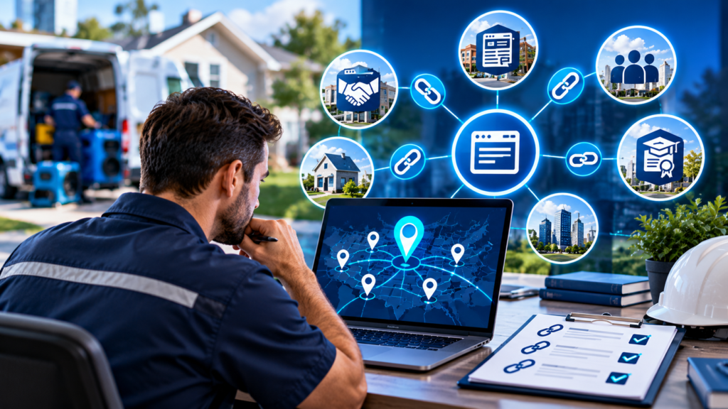 Backlink building for restoration companies, illustrating local SEO, industry directories, business partnerships, and link-building opportunities