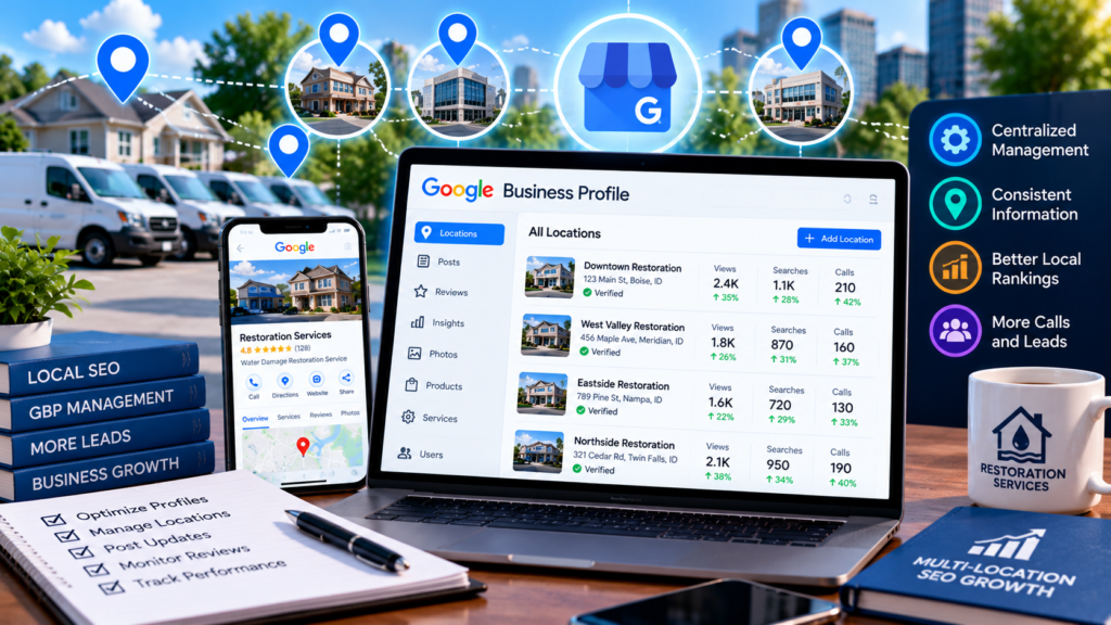 Multi-location Google Business Profile management for restoration companies, showing multiple business locations, local SEO performance, map listings, and centralized profile optimization.