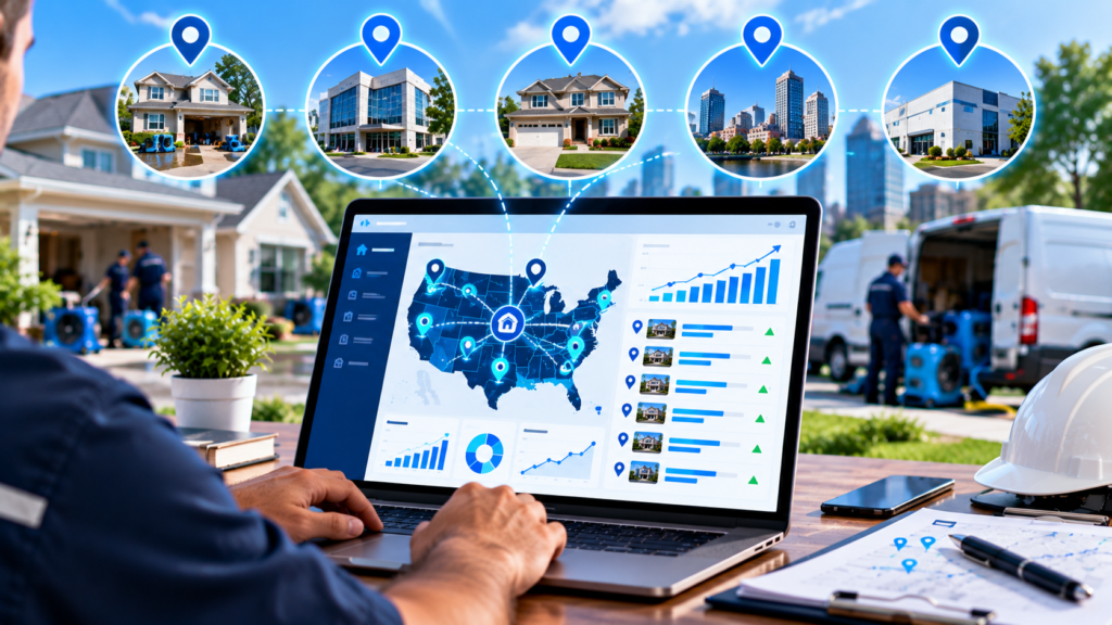 Restoration SEO for multi-location businesses, illustrating location-specific search optimization, connected service areas, local rankings, and performance tracking across multiple cities.