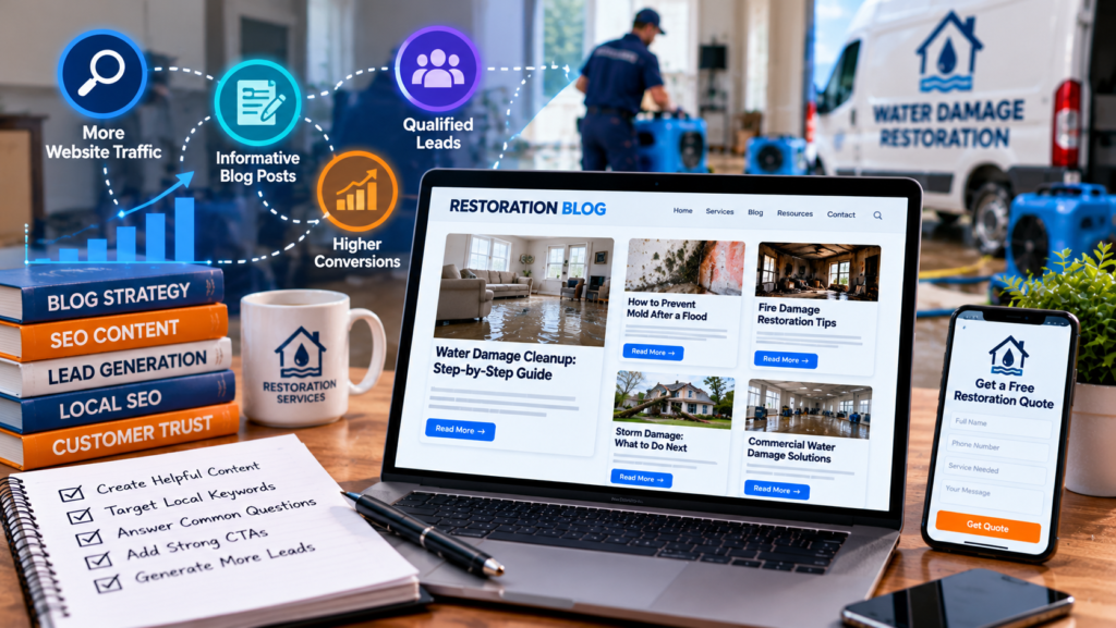 Restoration blog posts that generate leads, showing SEO content for water, mold, fire, and storm damage services, website traffic growth, and customer quote requests. Copy alt text