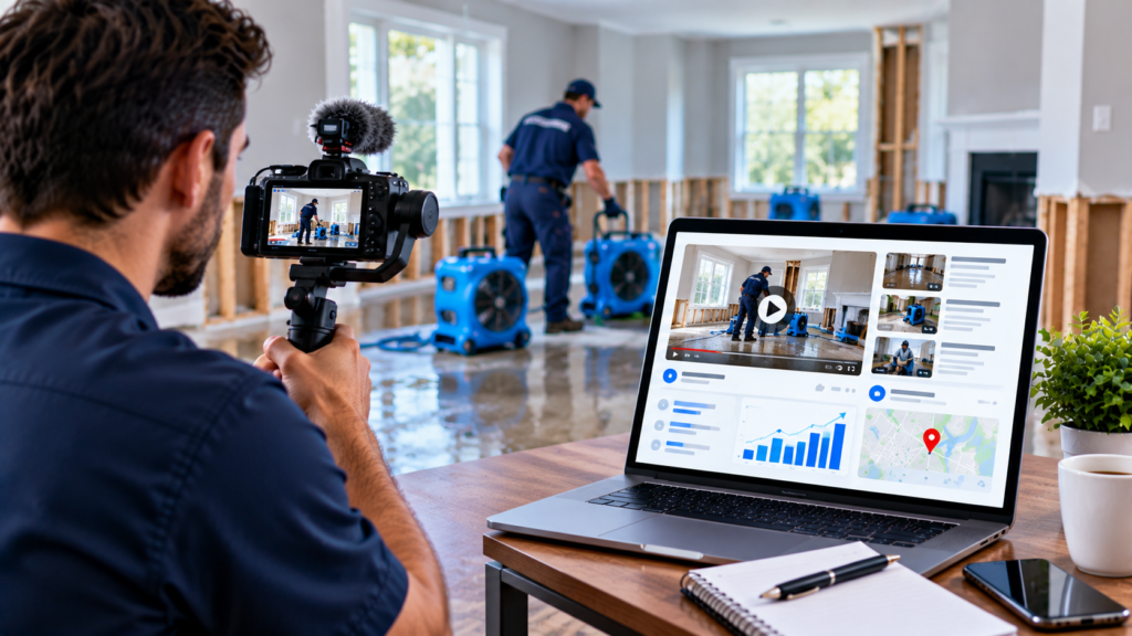 Video marketing for restoration companies, showing a professional filming water damage restoration work and tracking video engagement, local SEO performance, and audience analytics on a laptop. Copy alt text