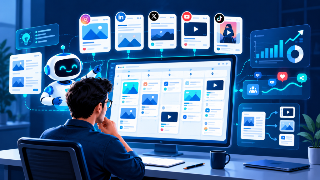 Social media marketer using AI to plan posts, create platform-specific content, analyze engagement, and manage a social media content calendar.