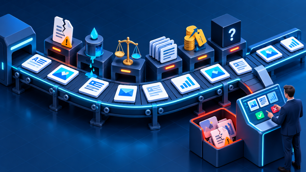 AI marketing production line showing content errors, data privacy risks, bias, duplication, costs, and a human professional reviewing marketing outputs before publication.