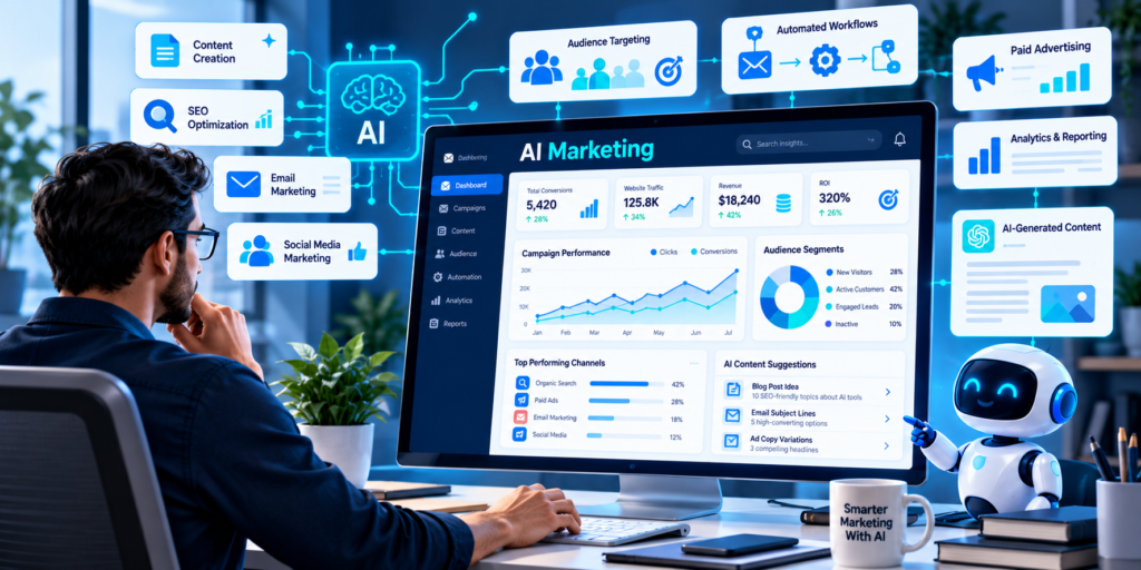 Digital marketer collaborating with AI technology at a computer displaying marketing analytics, campaign performance charts, audience segmentation, and AI-generated content suggestions.