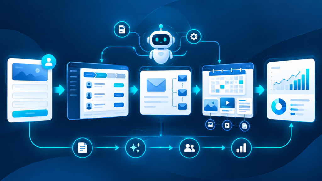 AI marketing automation workflow connecting lead capture, CRM pipeline, email sequences, content scheduling, and marketing analytics through a central AI assistant