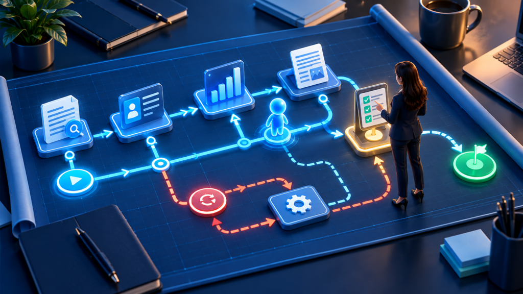 Isometric illustration of an autonomous AI marketing agent workflow showing connected research, CRM, analytics, and content stages, with a human supervisor reviewing approvals and retry loops on a navy-blue workflow blueprint.
