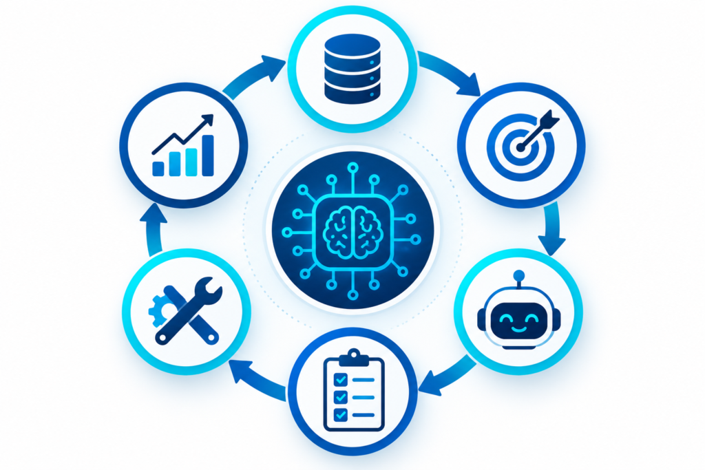 Six-stage AI-assisted SEO workflow infographic showing data collection, objective setting, AI analysis, human validation, implementation, and performance measurement, arranged in a circular process around a central AI processor using navy blue, cyan, blue, and white icons