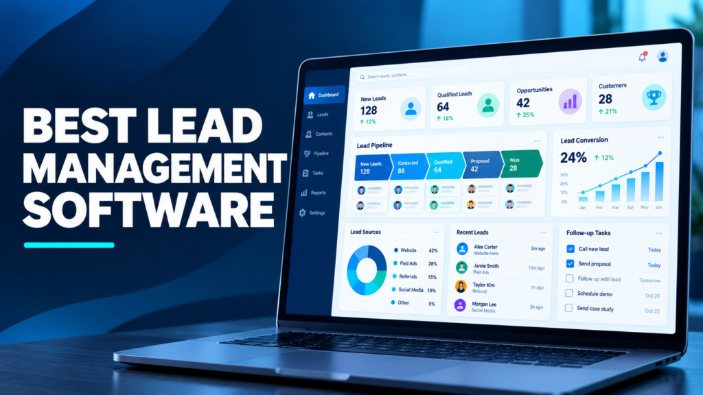 Lead management software dashboard displaying lead pipeline stages, qualified prospects, conversion analytics, lead sources, and follow-up tasks