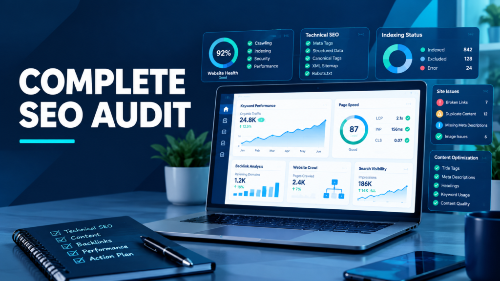 Complete SEO audit dashboard showing technical SEO, indexing status, keyword performance, backlinks, and website health