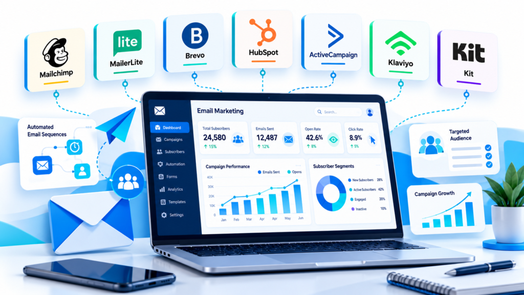 Email marketing software comparison illustration featuring a central dashboard with campaign analytics, subscriber metrics, automation workflows, and seven email marketing platform cards.