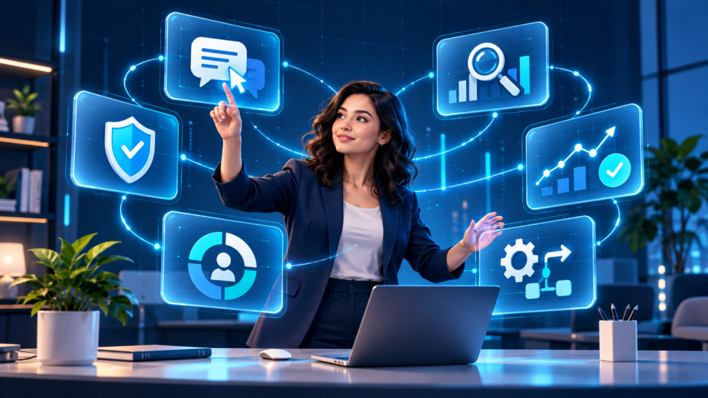 Digital marketer interacting with a holographic dashboard of AI marketing skills, including prompt engineering, SEO research, analytics, automation, customer segmentation, and ethical oversight