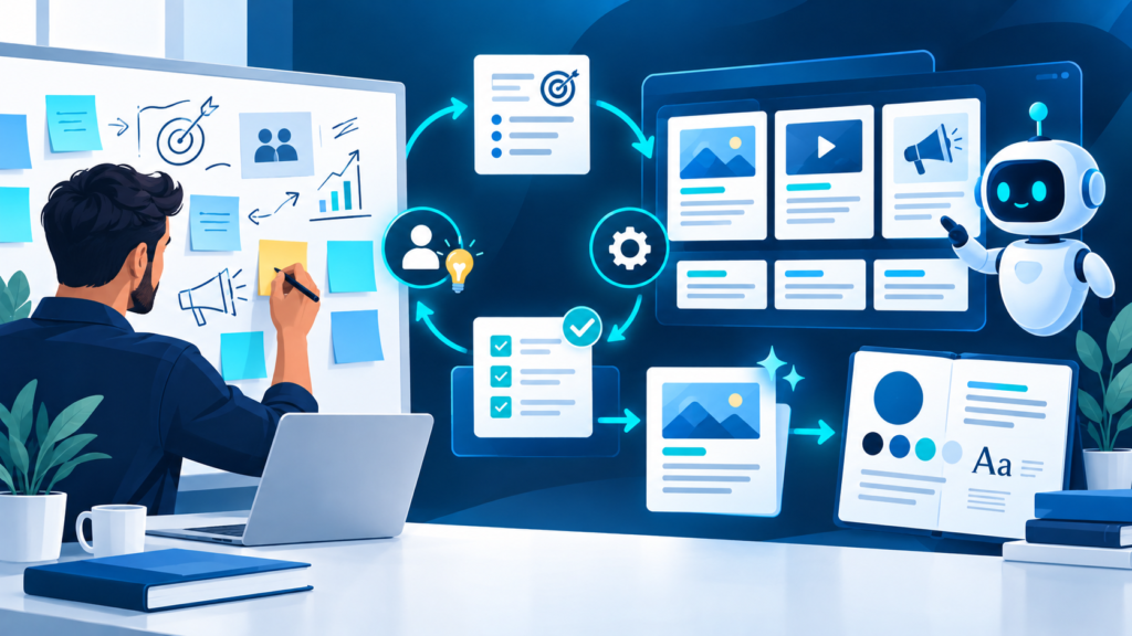 Human marketer collaborating with an AI assistant to brainstorm campaign concepts, review creative options, refine content, and maintain consistent brand guidelines.
