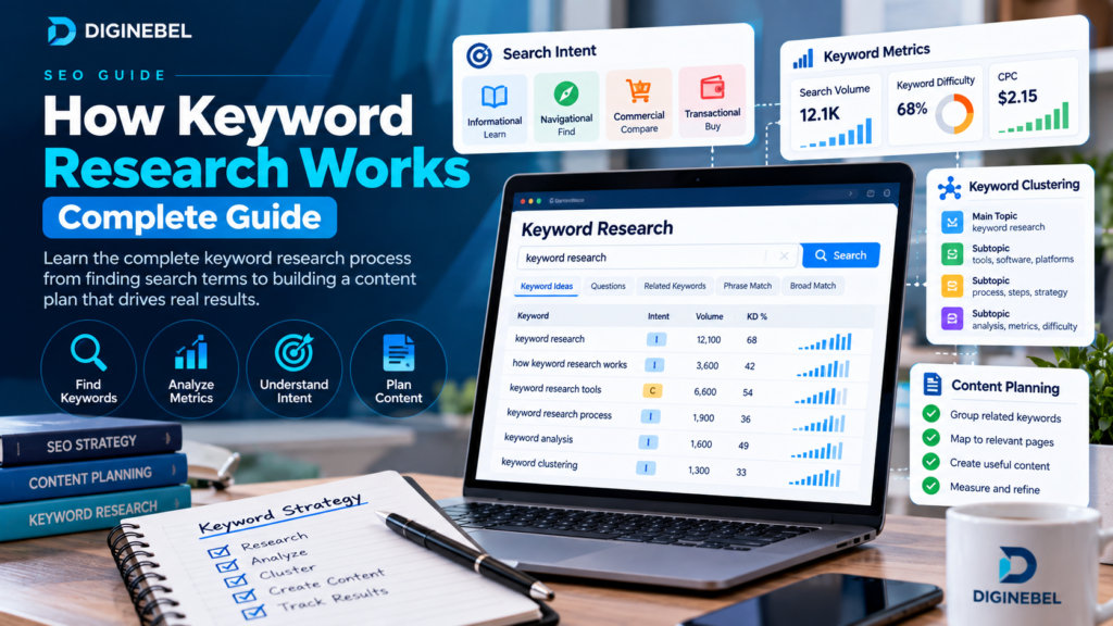 SEO keyword research process showing search intent, keyword analysis, clustering, and content planning