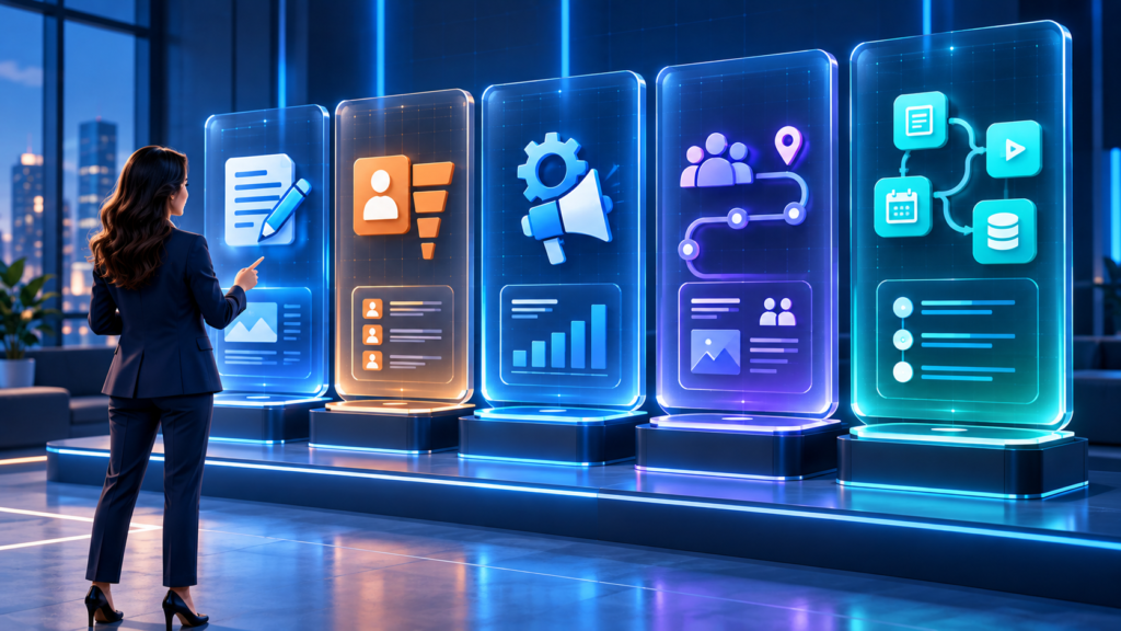AI marketing agents comparison featuring a digital marketing professional evaluating five holographic modules representing content creation, CRM management, campaign automation, customer journey management, and connected marketing workflows in a modern navy-blue technology environment.