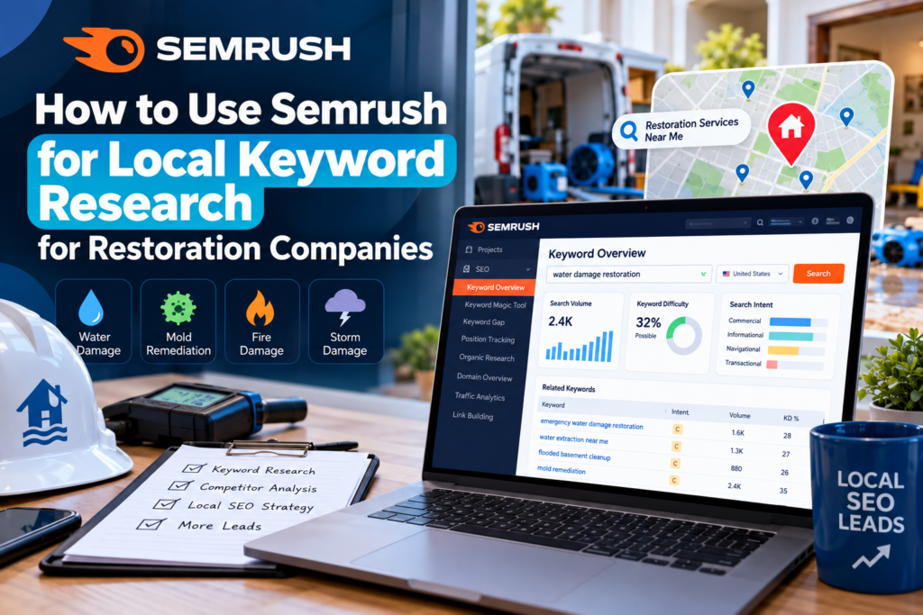 Semrush local keyword research for restoration companies, featuring water damage, mold remediation, fire and storm damage keywords on a laptop dashboard with local SEO map and keyword metrics.