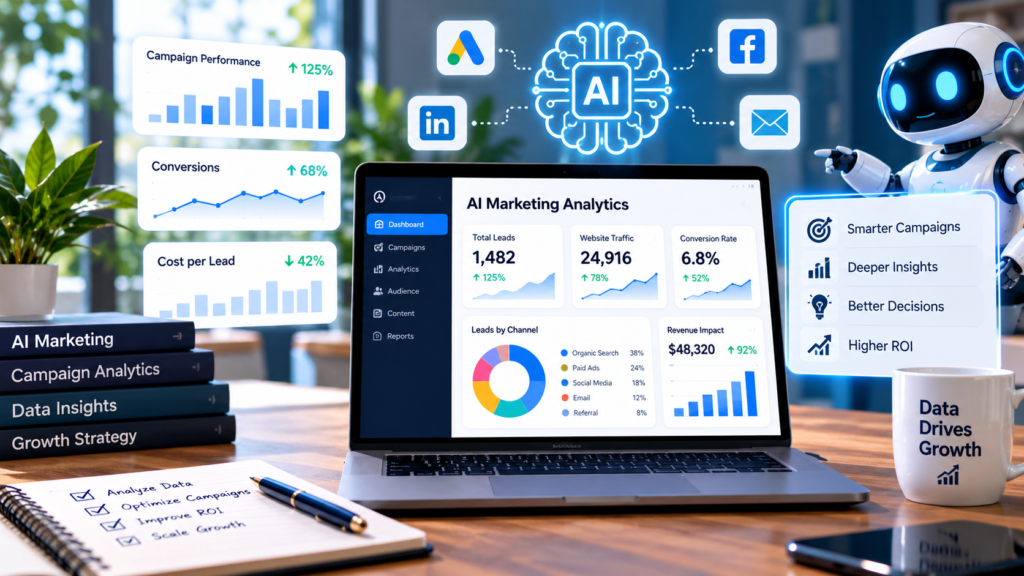 Laptop dashboard showing AI-powered marketing analytics, campaign performance charts, conversions, lead sources, and revenue impact.